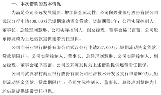 武汉神动拟向多家银行合计申请1227万借款 董事长刘慧琳为此次借款提供连带责任担保